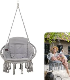 Vita5 Macramé Hangstoel - Voor Binnen En Buiten - Zonder Standaard - Incl. Kussen, Boekenvak En Beschermhoes - Tot 150kg - Grijs