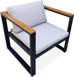 Loungeset 5 Plaatsen Van Aluminium En Eucalyptus – NAZCA – Antraciet Structuur, Lichtgrijs Kussens -Tuinmeubelwinkel 1145x1200 3