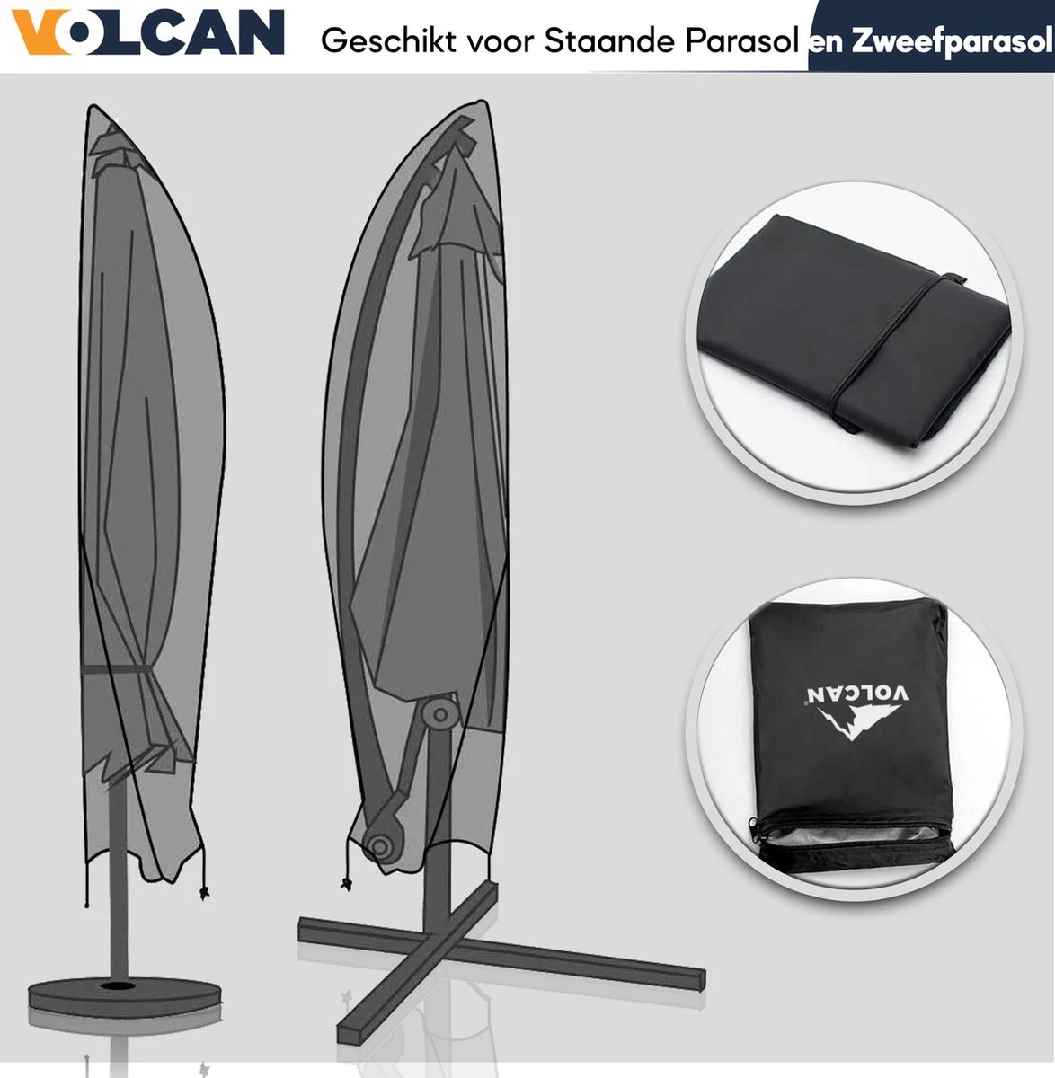 Volcan Parasolhoes Voor Zweefparasol - Tot 300cm - Waterdicht - Oxford 420D - Met Rits, Trekkoord En Stok - Zwart 8 Volcan Parasolhoes Voor Zweefparasol - Tot 300cm - Waterdicht - Oxford 420D - Met Rits, Trekkoord En Stok - Zwart - Afbeelding 8