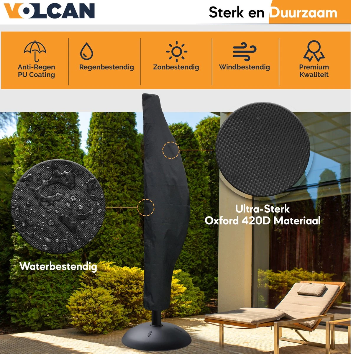 Volcan Parasolhoes Voor Zweefparasol - Tot 300cm - Waterdicht - Oxford 420D - Met Rits, Trekkoord En Stok - Zwart 4 Volcan Parasolhoes Voor Zweefparasol - Tot 300cm - Waterdicht - Oxford 420D - Met Rits, Trekkoord En Stok - Zwart - Afbeelding 4