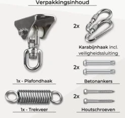 LFSY - Ophangsysteem - Universele Plafondhaak - Hangstoelen Binnen & Buiten - Ophanghaak – Bokszakken - Verandastoel - Zware Veer - RVS – 450kg – M8 -Tuinmeubelwinkel 1200x1131 2