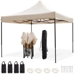LifeGoods Partytent - 3x3 M - Easy Up - Opvouwbaar - Waterdicht - Draagtas Met Wieltjes - Beige