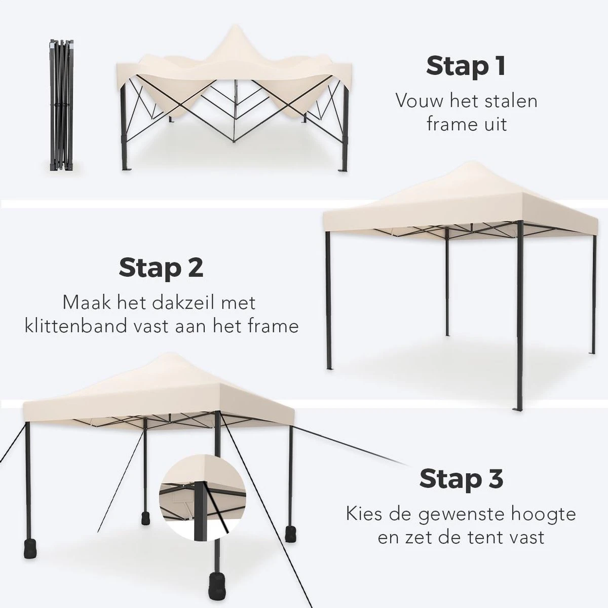 LifeGoods Partytent - 3x3 M - Easy Up - Opvouwbaar - Waterdicht - Draagtas Met Wieltjes - Beige 5 LifeGoods Partytent - 3x3 M - Easy Up - Opvouwbaar - Waterdicht - Draagtas Met Wieltjes - Beige - Afbeelding 5