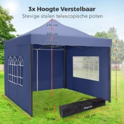 LifeGoods Partytent - 3x3 M - Zijwanden - Easy Up - Opvouwbaar - Waterdicht - Draagtas Met Wieltjes - Donkerblauw -Tuinmeubelwinkel 1200x1200 1061