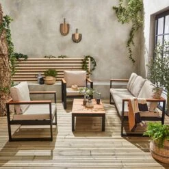 Loungeset 5 Plaatsen Van Aluminium En Eucalyptus – NAZCA – Antraciet Structuur, Lichtgrijs Kussens -Tuinmeubelwinkel 1200x1200 1134