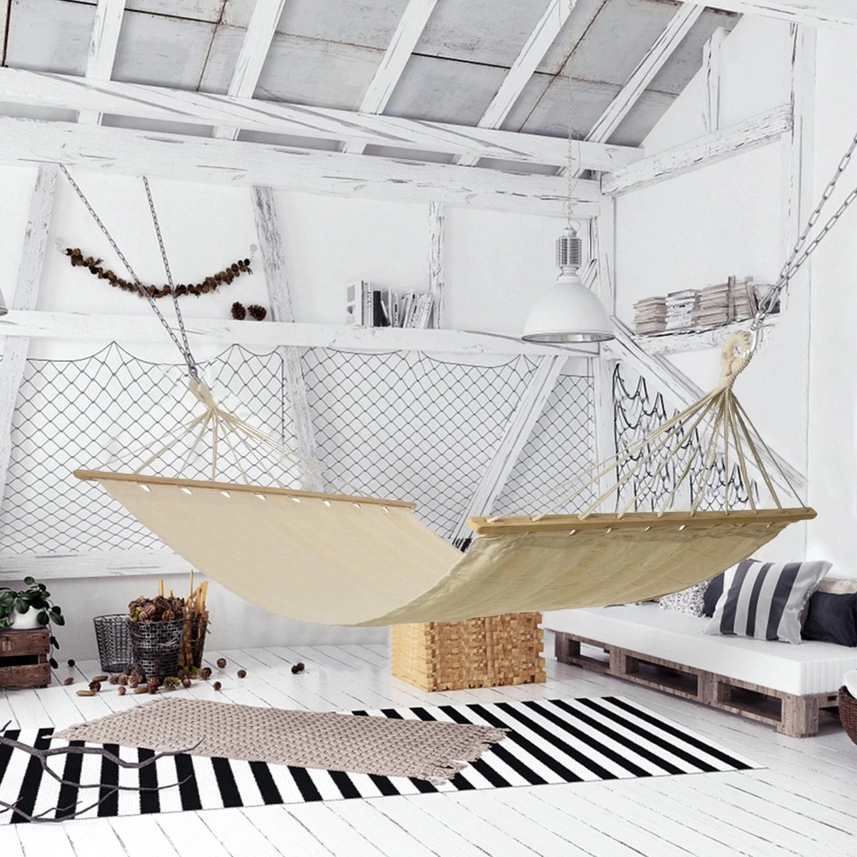 Merkloos Hangmat - Incl Bevestigingshaak - Met Spreidstok - Beige - Comfortabel - Met Karabijnhaak 1 Merkloos Hangmat - Incl Bevestigingshaak - Met Spreidstok - Beige - Comfortabel - Met Karabijnhaak