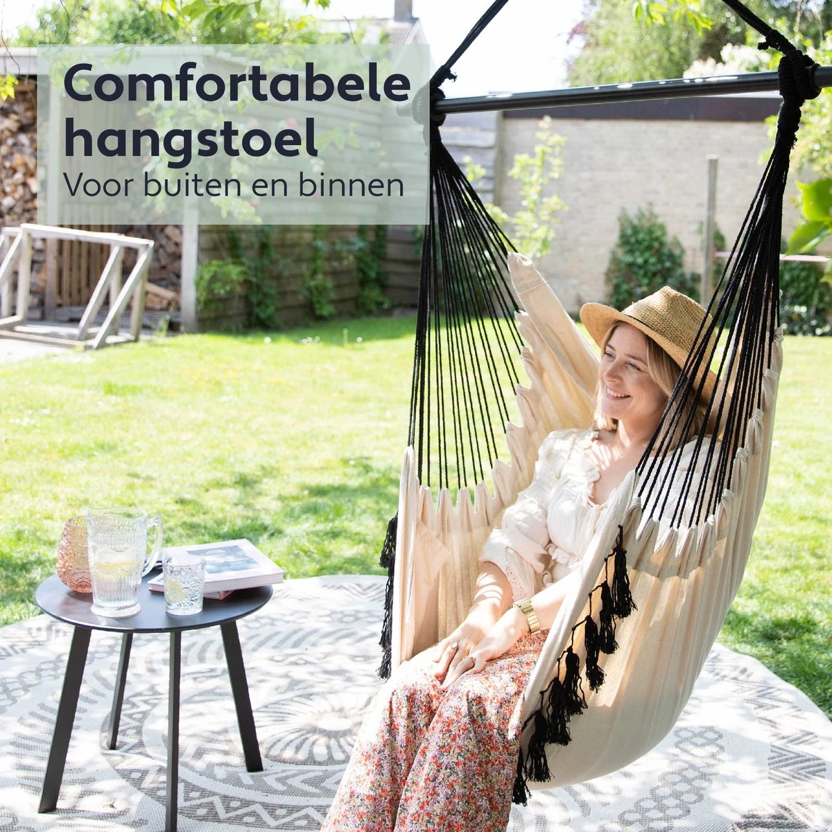 Vita5 XXL Hangstoel | Binnen&Buiten Hangnest | Incl. 2 Kussens En Boekenvak | Volwassenen&Kinderen | Hangmatstoel Tot 225kg | Beige 2 Vita5 XXL Hangstoel | Binnen&Buiten Hangnest | Incl. 2 Kussens En Boekenvak | Volwassenen&Kinderen | Hangmatstoel Tot 225kg | Beige - Afbeelding 2