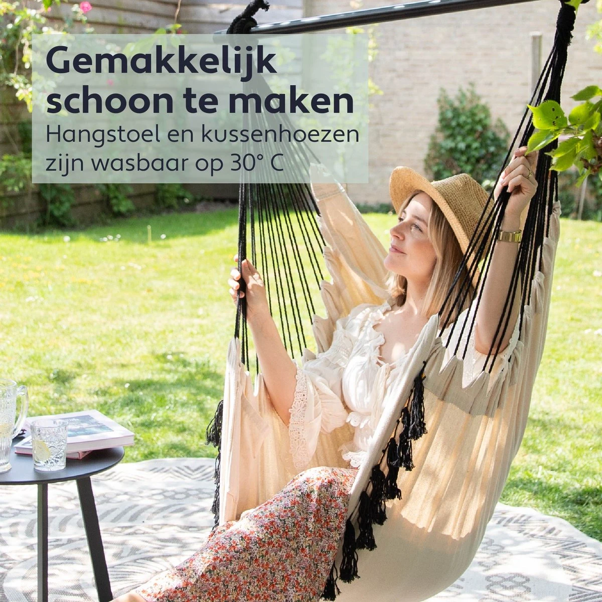 Vita5 XXL Hangstoel | Binnen&Buiten Hangnest | Incl. 2 Kussens En Boekenvak | Volwassenen&Kinderen | Hangmatstoel Tot 225kg | Beige 4 Vita5 XXL Hangstoel | Binnen&Buiten Hangnest | Incl. 2 Kussens En Boekenvak | Volwassenen&Kinderen | Hangmatstoel Tot 225kg | Beige - Afbeelding 4