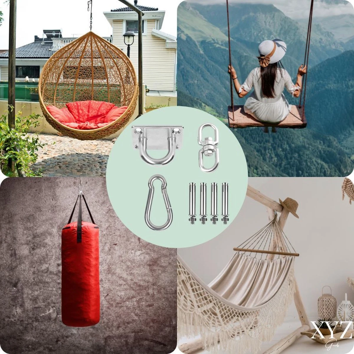 XYZ Goods - Luxe Plafondhaak - Hangmat Bevestigingsset - Schommelhaak - Ophangsysteem - Ophanghaak - Plafondbeugel - Bokszak - Schommelstoel - Hangstoel - RVS 6 XYZ Goods - Luxe Plafondhaak - Hangmat Bevestigingsset - Schommelhaak - Ophangsysteem - Ophanghaak - Plafondbeugel - Bokszak - Schommelstoel - Hangstoel - RVS - Afbeelding 6