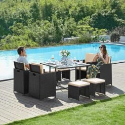 Tuinmeubelset - Tuinset 4 6 8 Persoons - Eettafel En Stoelen - Set Van 9 - Terras - Tuintafel - Salontafel Met Glazen Oppervlak - Zwart Beige 15 Tuinmeubelset - Tuinset 4 6 8 Persoons - Eettafel En Stoelen - Set Van 9 - Terras - Tuintafel - Salontafel Met Glazen Oppervlak - Zwart Beige -Tuinmeubelwinkel 1200x1200 744