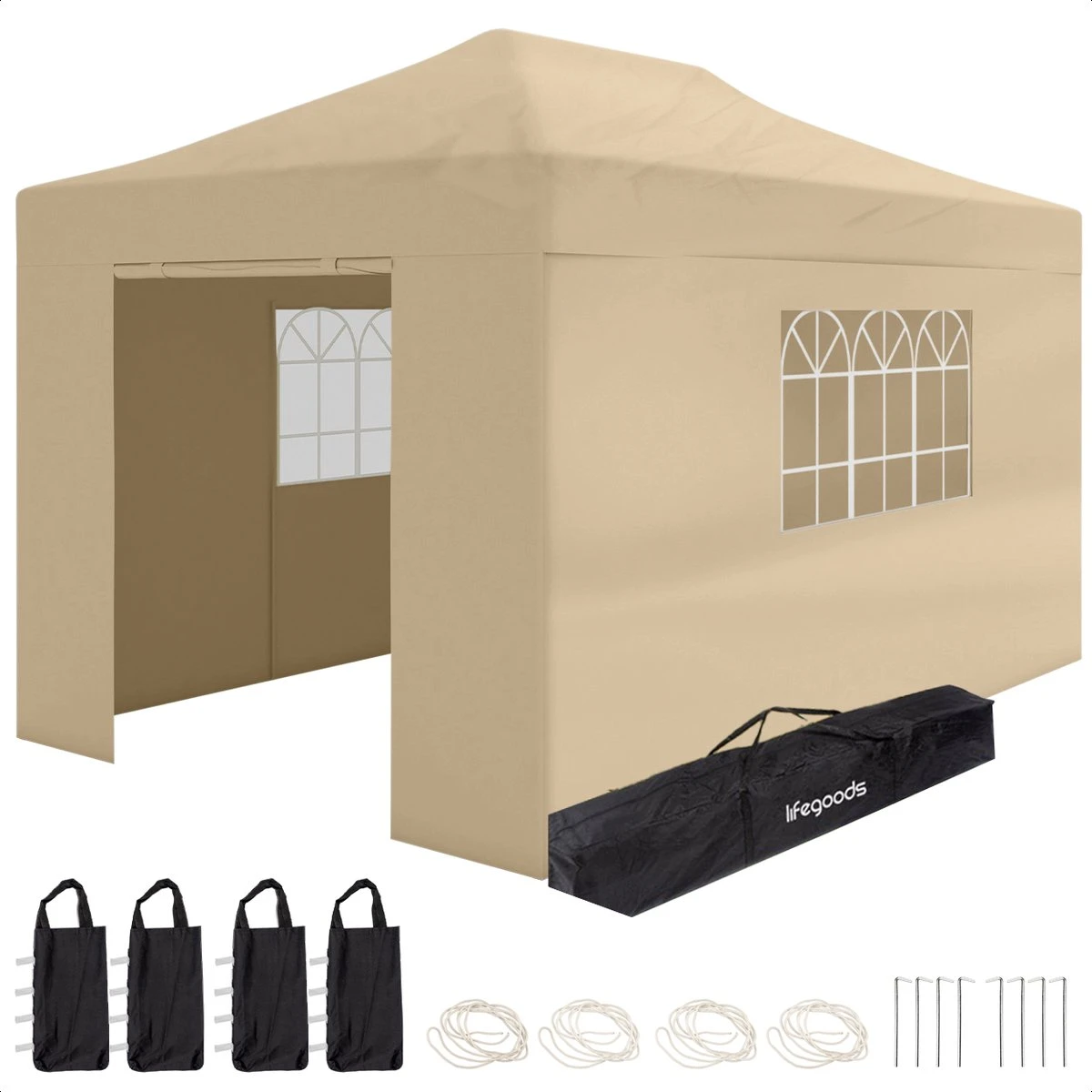 LifeGoods Partytent - 3x4.5 M - Zijwanden - Easy Up - Opvouwbaar - Waterdicht - Draagtas Met Wieltjes - Beige 1 LifeGoods Partytent - 3x4.5 M - Zijwanden - Easy Up - Opvouwbaar - Waterdicht - Draagtas Met Wieltjes - Beige