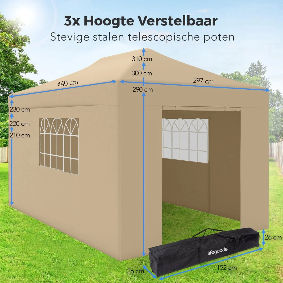 LifeGoods Partytent - 3x4.5 M - Zijwanden - Easy Up - Opvouwbaar - Waterdicht - Draagtas Met Wieltjes - Beige 5 LifeGoods Partytent - 3x4.5 M - Zijwanden - Easy Up - Opvouwbaar - Waterdicht - Draagtas Met Wieltjes - Beige - Afbeelding 5