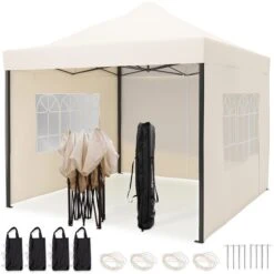 LifeGoods Partytent - 3x3 M - Zijwanden - Easy Up - Opvouwbaar - Waterdicht - Draagtas Met Wieltjes - Beige