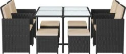 Tuinmeubelset - Tuinset 4 6 8 Persoons - Eettafel En Stoelen - Set Van 9 - Terras - Tuintafel - Salontafel Met Glazen Oppervlak - Zwart Beige
