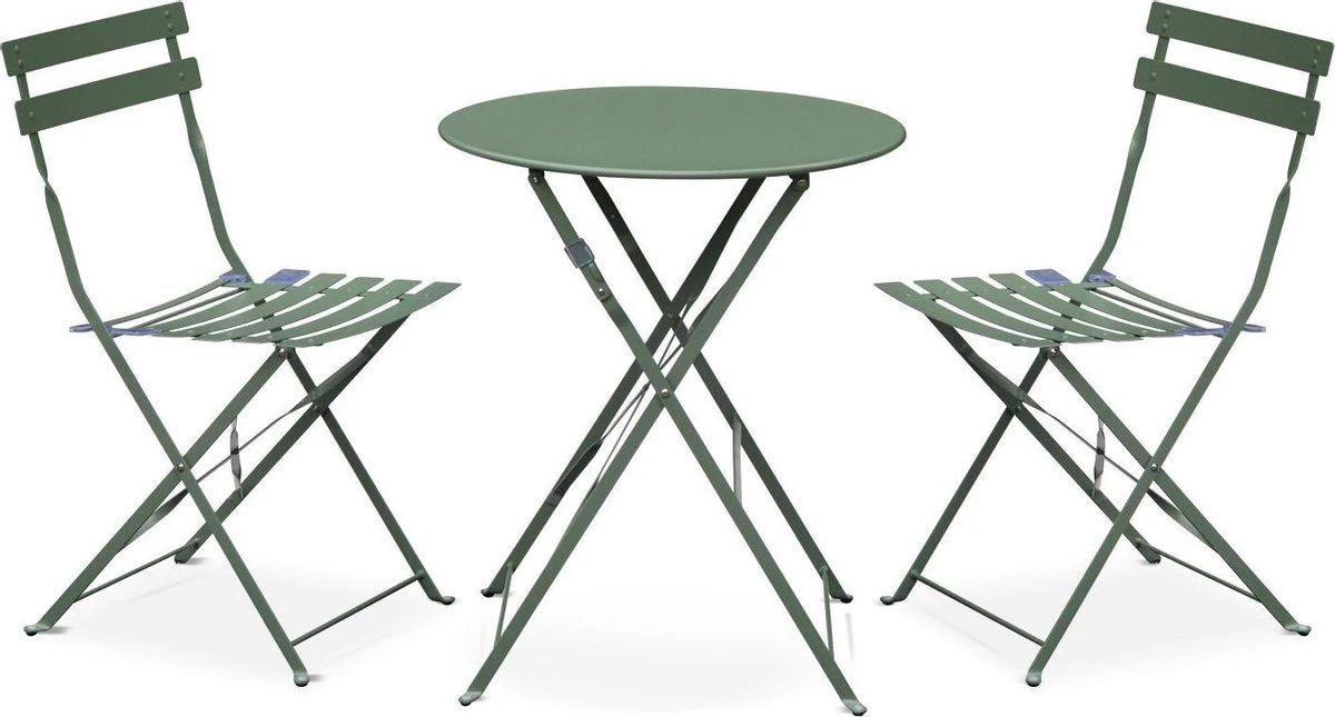 EMILIA Bistroset - 2 Inklapbare Stoelen En Een Ronde Tafel Van Gepoedercoat Staal Met Matte Afwerking – Groengrijs 1 EMILIA Bistroset - 2 Inklapbare Stoelen En Een Ronde Tafel Van Gepoedercoat Staal Met Matte Afwerking – Groengrijs