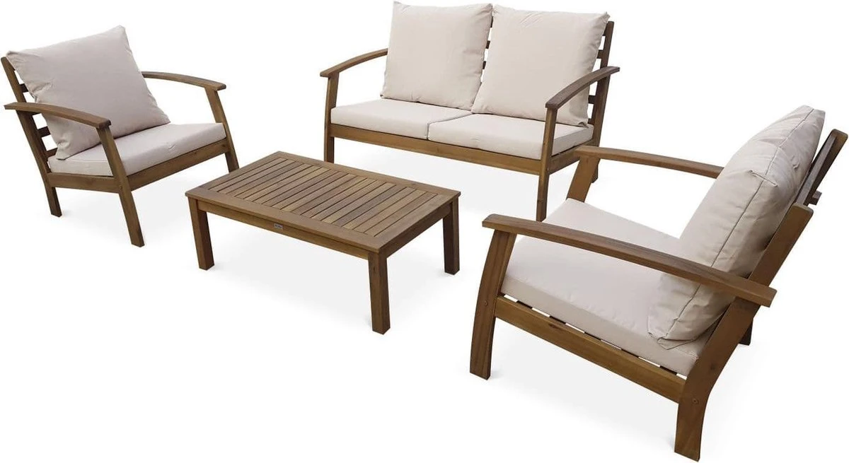 Houten Loungeset 4 Plaatsen - Ushuaïa -ecru Kussens, Bank, Fauteuils En Lage Tafel Van Acacia, Design 4 Houten Loungeset 4 Plaatsen - Ushuaïa -ecru Kussens, Bank, Fauteuils En Lage Tafel Van Acacia, Design - Afbeelding 4