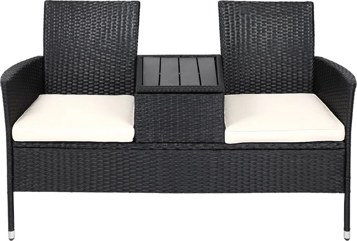 Casaria Tuinbank Polyrattan – 2 Zitter Incl. Tafel & Kussens – Zwart 2 Casaria Tuinbank Polyrattan – 2 Zitter Incl. Tafel & Kussens – Zwart - Afbeelding 2