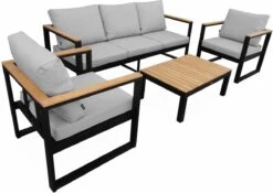 Loungeset 5 Plaatsen Van Aluminium En Eucalyptus – NAZCA – Antraciet Structuur, Lichtgrijs Kussens -Tuinmeubelwinkel 1200x850 3