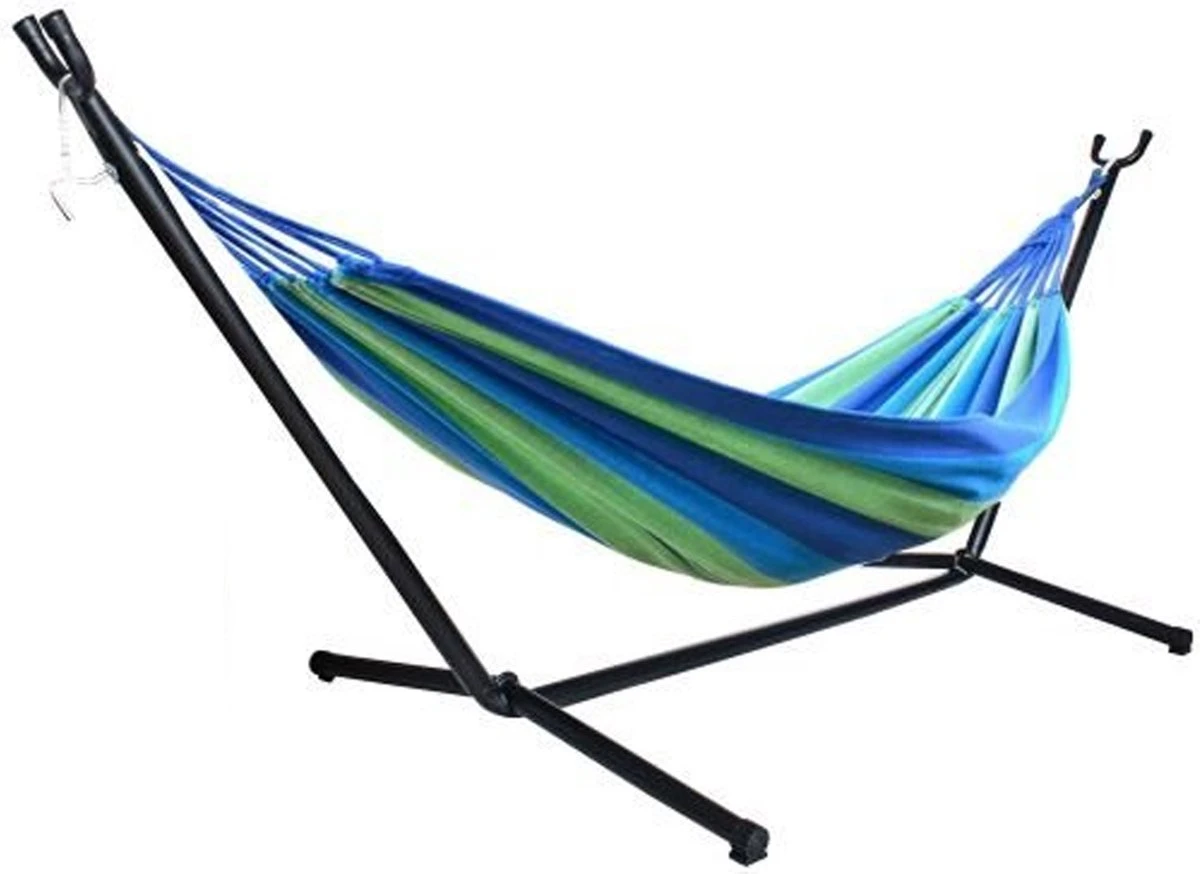 Hangmat Met Standaard En Opbergtas – 2 Persoons – Max. Draaggewicht 200Kg – Hangmatset – Hangmatten – Hang Mat Voor Binnen En Buiten – Hangmatstandaard – Hammock – Blauw / Groen 1 Hangmat Met Standaard En Opbergtas – 2 Persoons – Max. Draaggewicht 200Kg – Hangmatset – Hangmatten – Hang Mat Voor Binnen En Buiten – Hangmatstandaard – Hammock – Blauw / Groen