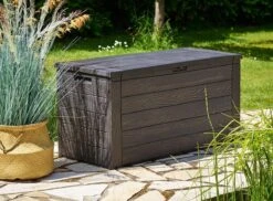 Merkloos Woody Tuin Opbergbox - 324 Liter 45x120x60 Cm - Tuinkussenbox - Antraciet/bruin -Tuinmeubelwinkel 1200x884