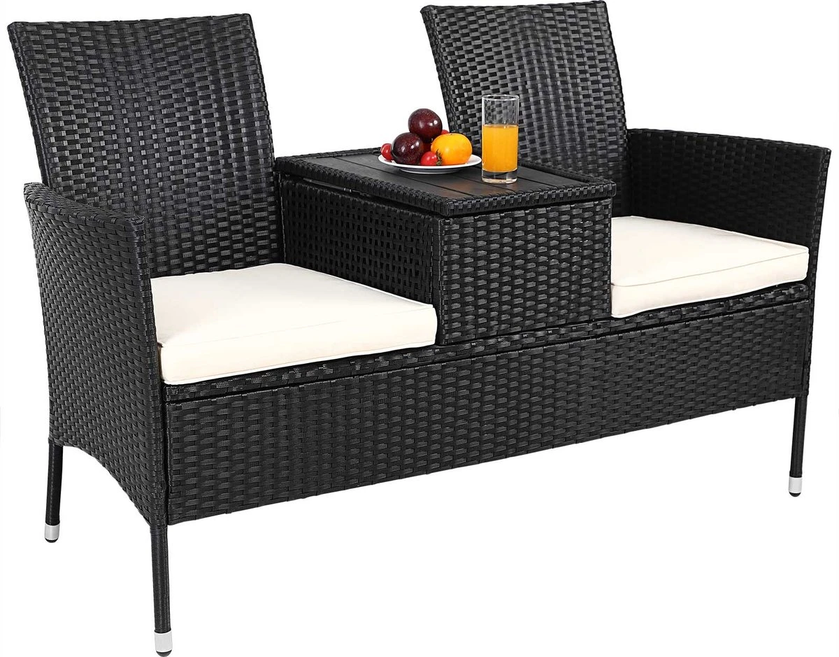 Casaria Tuinbank Polyrattan – 2 Zitter Incl. Tafel & Kussens – Zwart 1 Casaria Tuinbank Polyrattan – 2 Zitter Incl. Tafel & Kussens – Zwart