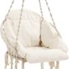 Hangstoel, Hangschommel, Hangstoel Met Een Dik Kussen, Tot 120 Kg Belastbaar, Voor Tuin, Balkon, Woonkamer, Terras, Scandinavische Stijl, Modern, Beige HMDC042M01